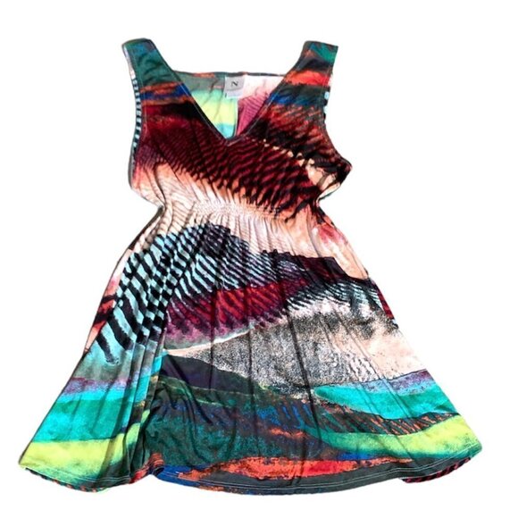 Natori Sz S Sleeveless Colorful V-Neck Stretch Tunic Top Smocked Middle 203L - Picture 1 of 7